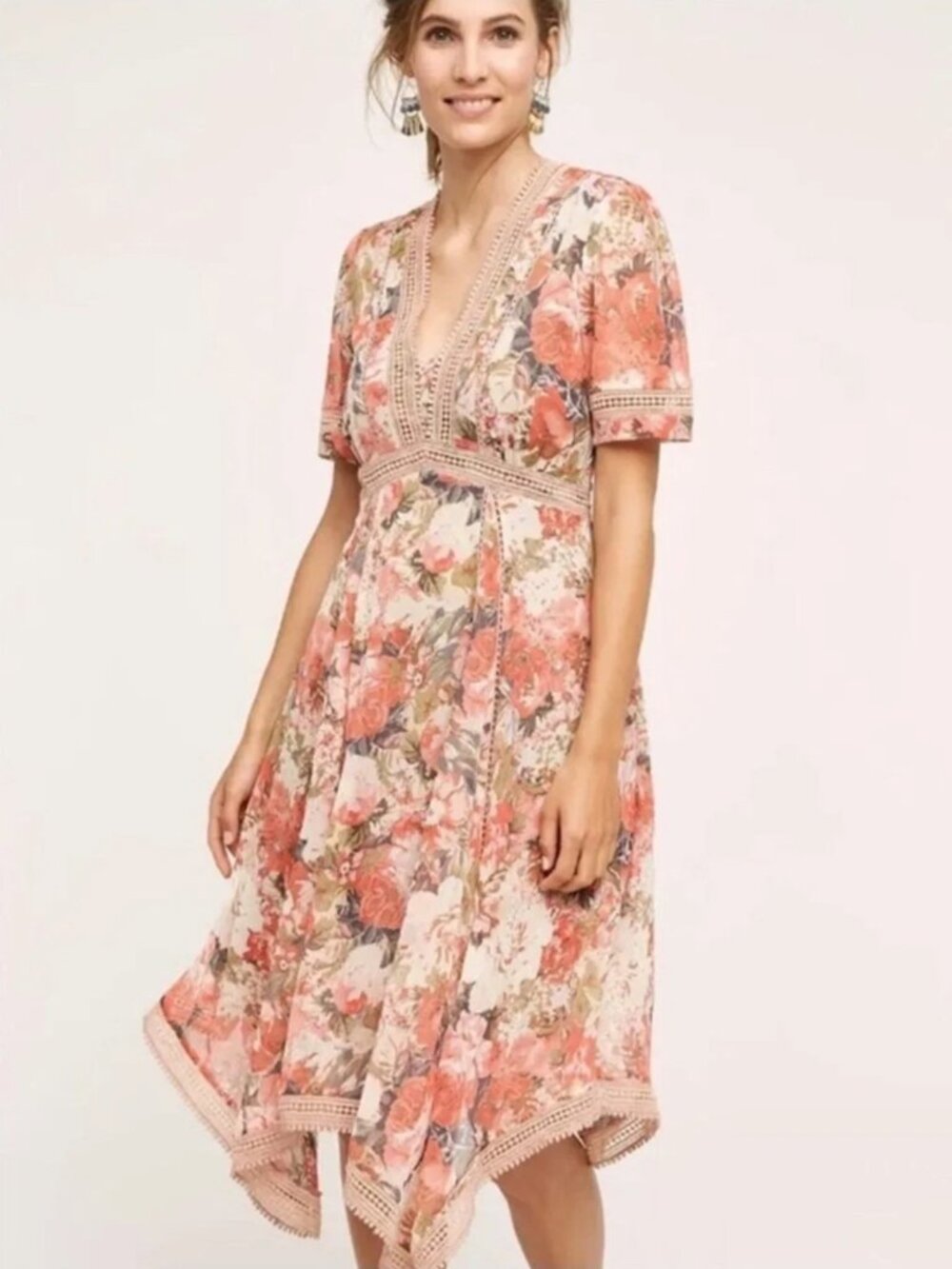 Anthropologie Ranna Gill Rose Bouquet Handkerchief Scarf Hem Floral Dress Size 6